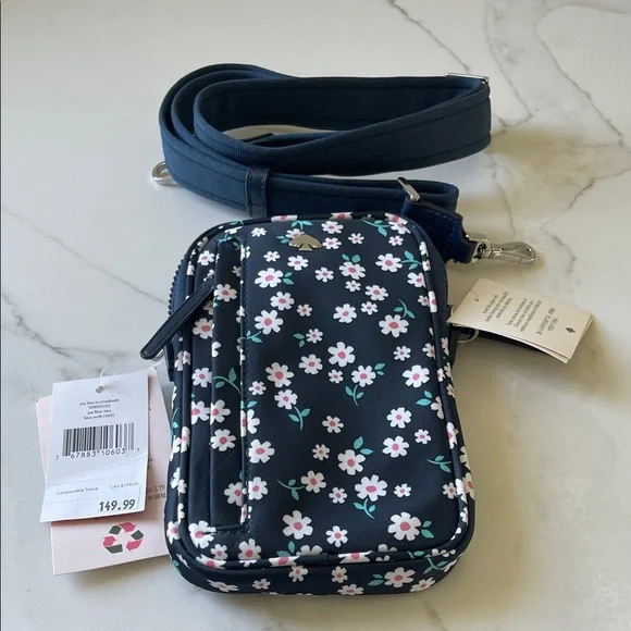 Kate Spade Navy Floral Phone & Essentials Bag - Navy Blue - NEW - Picture 3 of 3